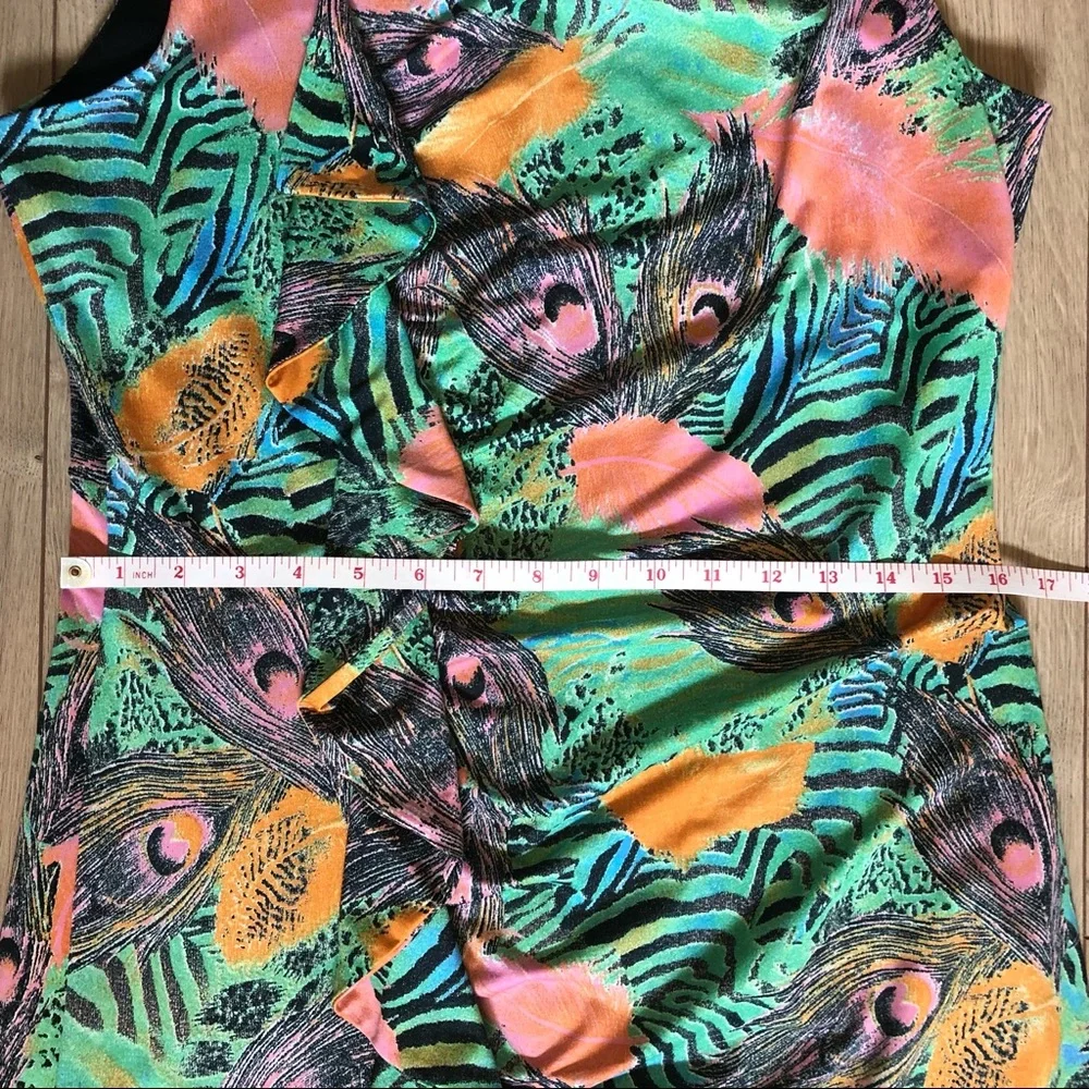Women’s Tango Mango Tropical Ruffled front feathers & animal print dress size L - Picture 9 of 14